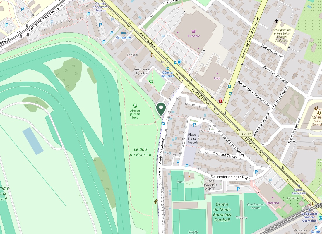 Carte : l'entrée du Bois du Bouscat, boulevard du Maréchal Lyautey, face à la place Blaise Pascal